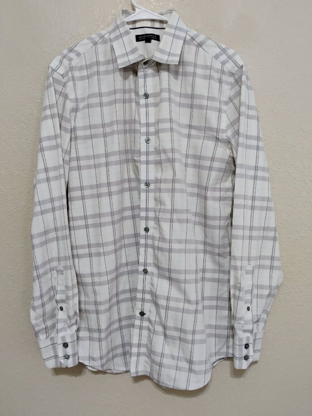 Banana Republic L White Gray Plaid Button Down Shirt Slim Fit